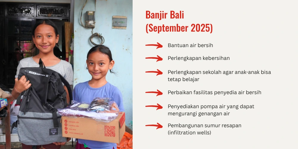 Dokumentasi bantuan kemanusiaan Save the Children untuk korban banjir di Bali pada September 2025. Gambar menunjukkan penerima manfaat yang menerima bantuan perlengkapan pascabencana. Program respons darurat meliputi penyediaan air bersih, distribusi perlengkapan kebersihan untuk mencegah risiko penyakit, bantuan perlengkapan sekolah agar anak-anak dapat terus belajar, perbaikan fasilitas penyedia air bersih yang rusak akibat banjir, penyediaan pompa air untuk mengurangi genangan, serta pembangunan sumur resapan guna meningkatkan ketahanan masyarakat terhadap risiko banjir di masa mendatang. Bantuan ini bertujuan mendukung pemulihan anak-anak dan keluarga terdampak bencana secara menyeluruh.