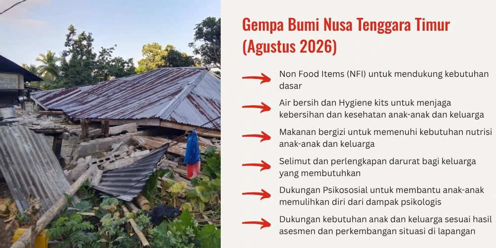 Infografis respons darurat Save the Children Indonesia untuk Gempa Bumi Nusa Tenggara Timur Agustus 2026. Menampilkan kerusakan rumah akibat gempa serta bantuan kemanusiaan berupa kebutuhan dasar, air bersih, hygiene kit, makanan bergizi, selimut, perlengkapan darurat, dan dukungan psikososial bagi anak-anak dan keluarga terdampak bencana.